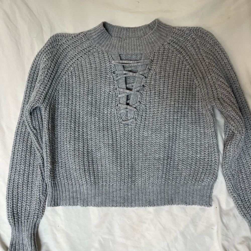 UNIF Gray Cowl Neck Sweater with Lace-Up Front